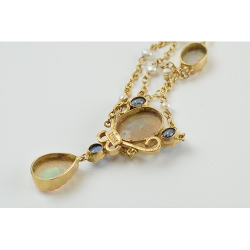 403 - Antique yellow metal (tests as 15ct gold) opal and cornflower sapphire lavalier necklace, also with ... 