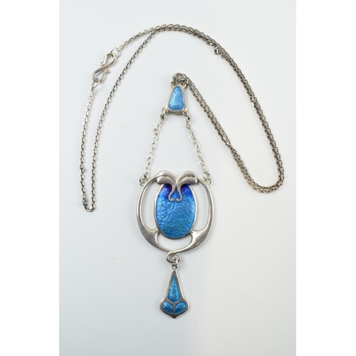 406 - Arts and Crafts silver (tests as) lavalier pendant with blue enamelled decoration on possibly later ... 