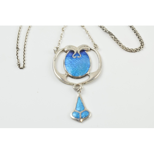 406 - Arts and Crafts silver (tests as) lavalier pendant with blue enamelled decoration on possibly later ... 