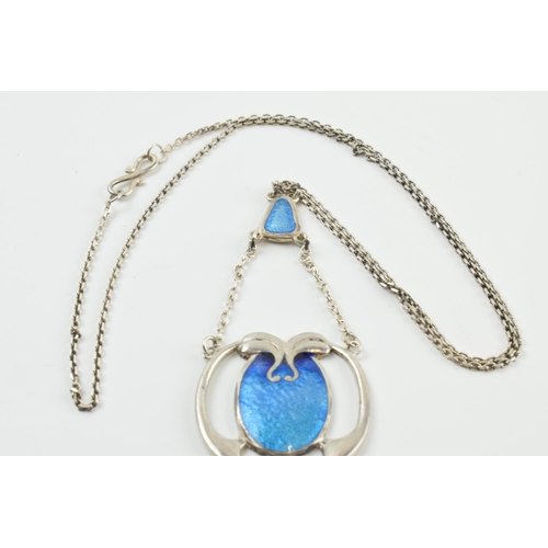 406 - Arts and Crafts silver (tests as) lavalier pendant with blue enamelled decoration on possibly later ... 