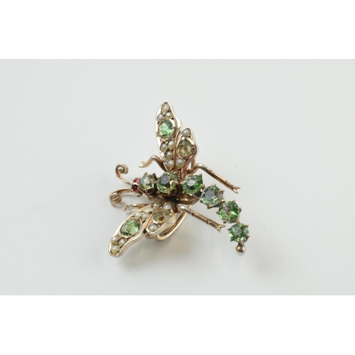 408 - Silver 0.830 seed pearl and paste stone early silver gilt washed novelty clip on articulated dragonf... 