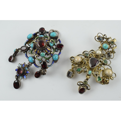 409 - Antique Austro Hungarian silver pendants with enamelled decoration and natural semi precious stones,... 