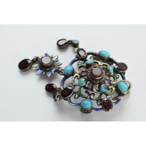 409 - Antique Austro Hungarian silver pendants with enamelled decoration and natural semi precious stones,... 