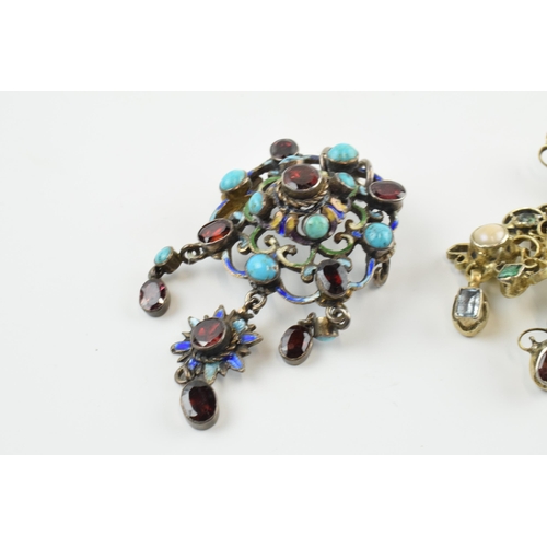 409 - Antique Austro Hungarian silver pendants with enamelled decoration and natural semi precious stones,... 