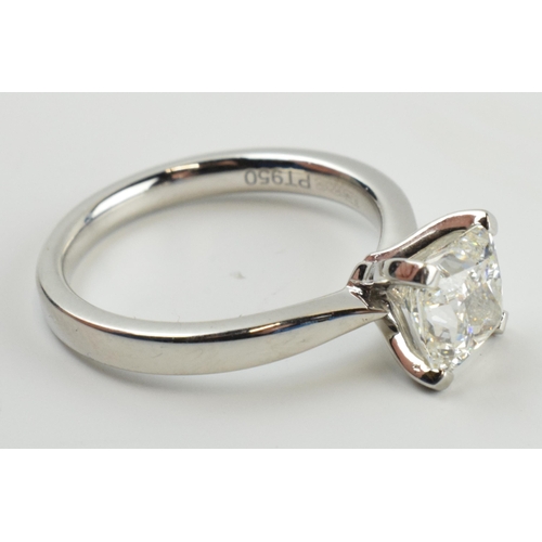 410 - Quality platinum 950 solitaire ring, square modified brilliant cut diamond, 1.51ct single stone, col... 