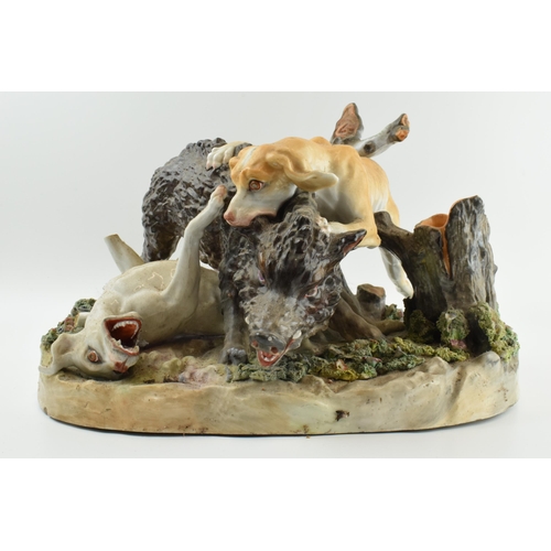 70 - Meissen: large 19th century pottery figural group of a wild boar being attacked by 2 wild dogs, in w... 