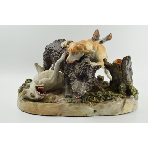 70 - Meissen: large 19th century pottery figural group of a wild boar being attacked by 2 wild dogs, in w... 