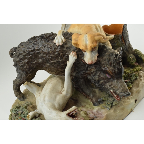 70 - Meissen: large 19th century pottery figural group of a wild boar being attacked by 2 wild dogs, in w... 