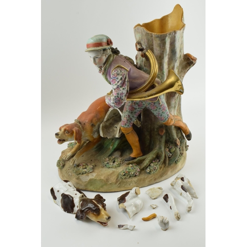 72 - Meissen: large 19th century Meissen figural group of a huntsman with 2 wild dogs, badly damaged, som... 