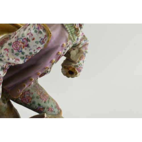 72 - Meissen: large 19th century Meissen figural group of a huntsman with 2 wild dogs, badly damaged, som... 