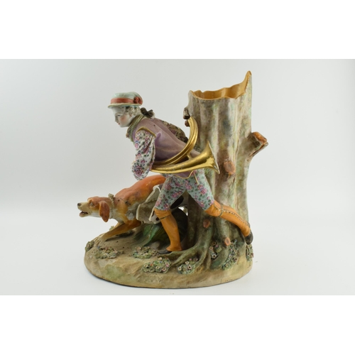 72 - Meissen: large 19th century Meissen figural group of a huntsman with 2 wild dogs, badly damaged, som... 