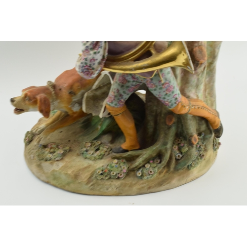 72 - Meissen: large 19th century Meissen figural group of a huntsman with 2 wild dogs, badly damaged, som... 