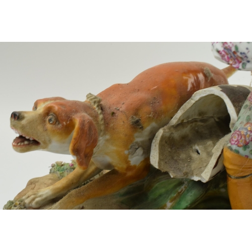 72 - Meissen: large 19th century Meissen figural group of a huntsman with 2 wild dogs, badly damaged, som... 