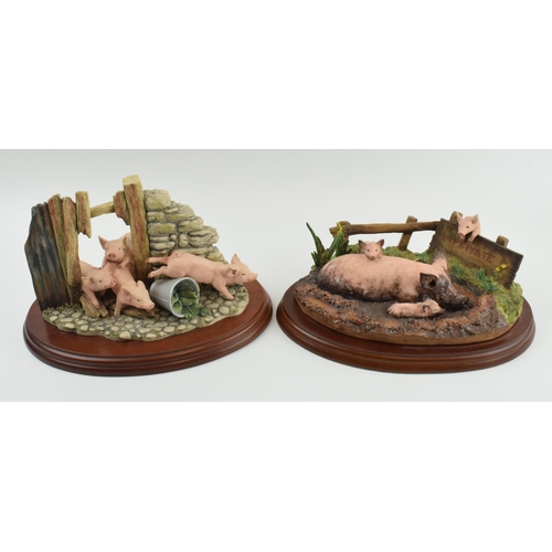 99 - Border Fine Arts figure group 'The Great Escape' and 'Mud Spa', both with pigs, wooden bases (2).