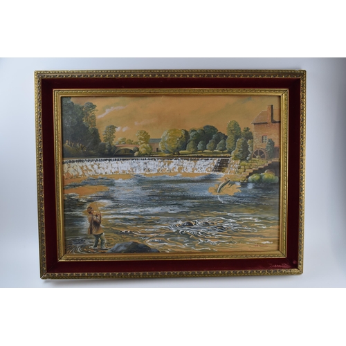 193 - Keith Linsell: a watercolour/gouache scene of a salmon fisherman fishing a weir pool – painting on b... 