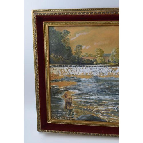 193 - Keith Linsell: a watercolour/gouache scene of a salmon fisherman fishing a weir pool – painting on b... 