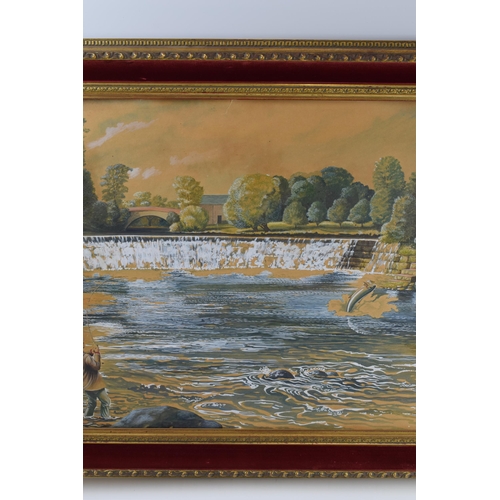 193 - Keith Linsell: a watercolour/gouache scene of a salmon fisherman fishing a weir pool – painting on b... 