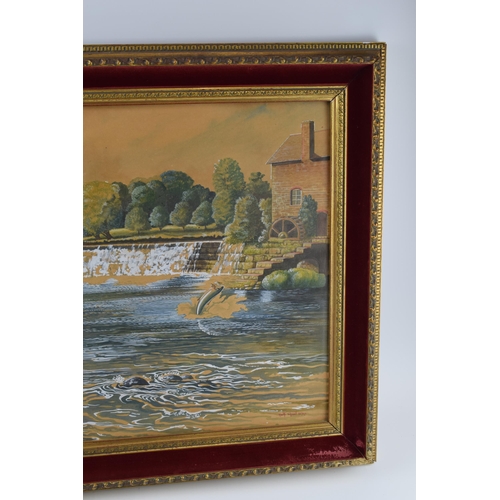 193 - Keith Linsell: a watercolour/gouache scene of a salmon fisherman fishing a weir pool – painting on b... 