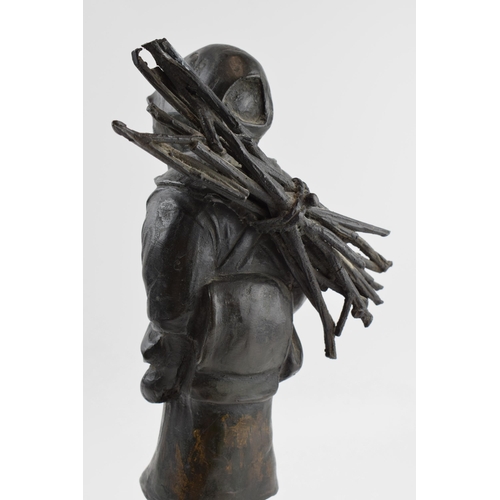 200 - Japanese influenced bronzed sculpture of a girl carrying sticks, 33cm tall.