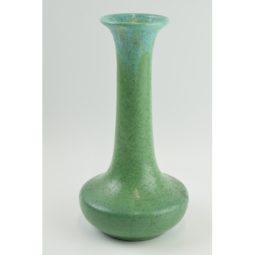 73 - Belgian pottery squat vase with elongated neck, in mottled green glaze, 26.5cm tall, 'Made in Belgui... 