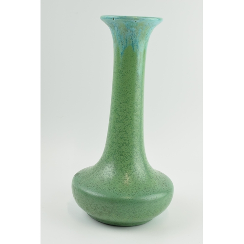 73 - Belgian pottery squat vase with elongated neck, in mottled green glaze, 26.5cm tall, 'Made in Belgui... 