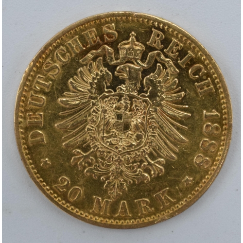 279A - High carat gold coin (circa 21.6ct), German 1888 20 Mark coin, 7.9 grams, 12mm diameter.