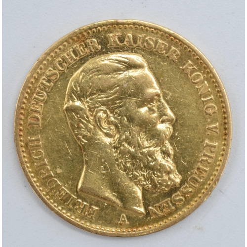 279A - High carat gold coin (circa 21.6ct), German 1888 20 Mark coin, 7.9 grams, 12mm diameter.