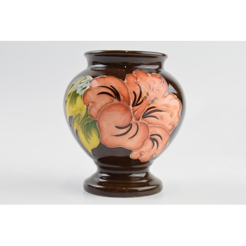 131A - Moorcroft Hibiscus vase on brown background, 9cm tall.