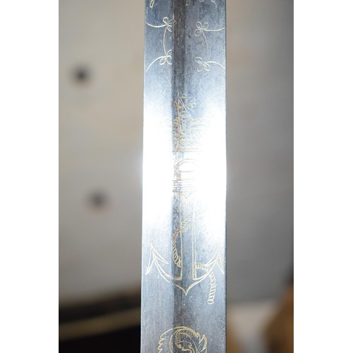 448 - British Georgian 1805 Pattern Naval Officer's Spadroon, with straight 31.75'' fullered blade with et... 