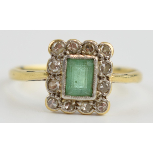 416A - Antique 18ct gold and platinum ring set with central emerald stone and 12 diamonds, 1.8 grams, size ... 