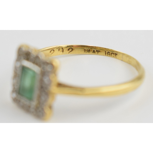 416A - Antique 18ct gold and platinum ring set with central emerald stone and 12 diamonds, 1.8 grams, size ... 