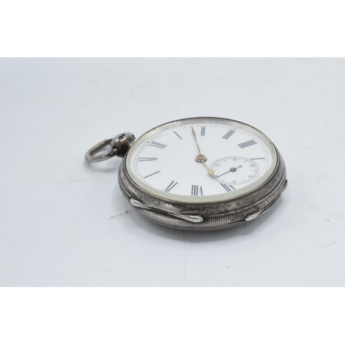 202 - Hallmarked silver open face pocket watch, winds, ticks, sets and runs, 45mm wide, with gold (coloure... 