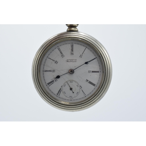 205 - Waltham 19th century pocket watch with subsidiary dial and blued hands, 58mm diameter, screw off gla... 