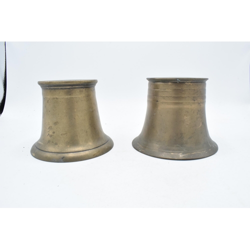 358 - A near pair of phosphor bronze mortars. Height 10cm.