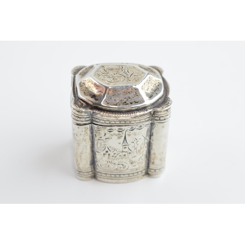 310R - 19th century Dutch silver box in the form of a tea caddy, with village scent to front, 20.1 grams, 4... 