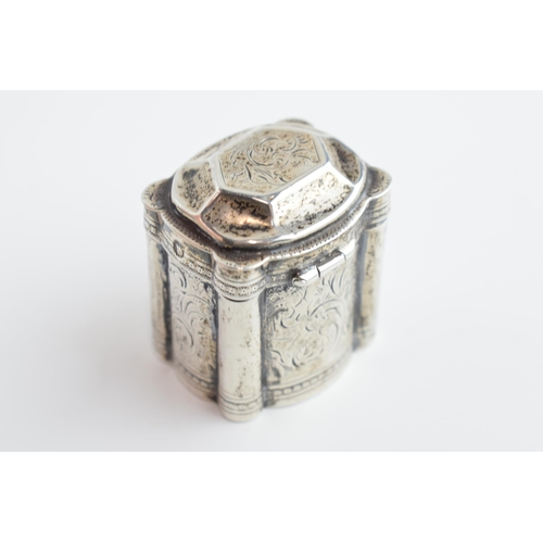 310R - 19th century Dutch silver box in the form of a tea caddy, with village scent to front, 20.1 grams, 4... 