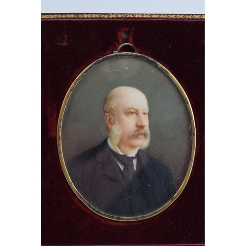 393A - Antique cased miniature portrait of a gentleman with sideburns, in leather easel-back case, lined wi... 