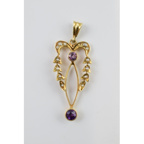 405W - 9ct gold amethyst & seed pearl pendant, 2.1 grams, 4cm long.