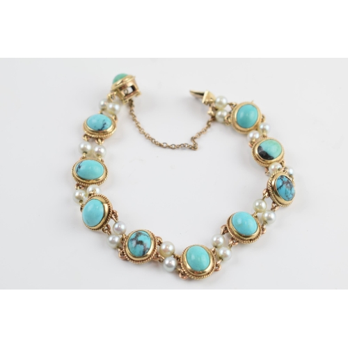 405X - 9ct gold turquoise and pearl effect bracelet, 21.7 grams gross weight.