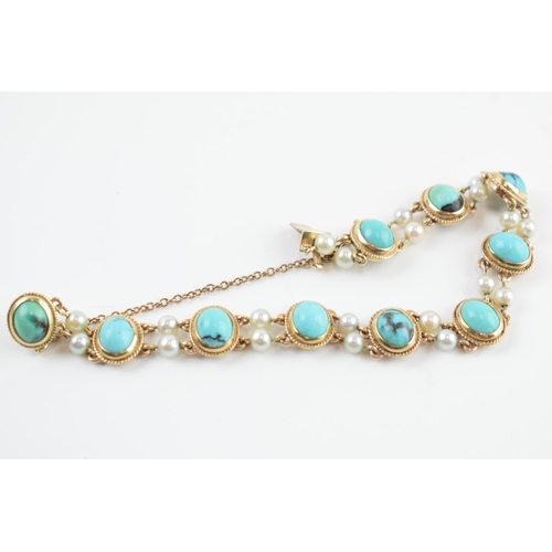 405X - 9ct gold turquoise and pearl effect bracelet, 21.7 grams gross weight.