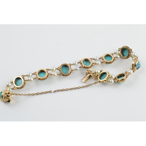 405X - 9ct gold turquoise and pearl effect bracelet, 21.7 grams gross weight.