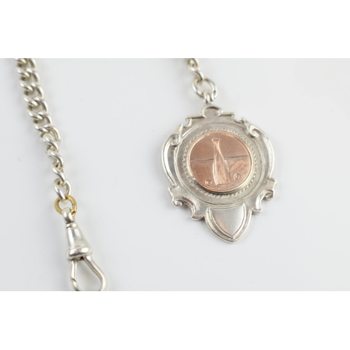 431 - Hallmarked silver Albert pocket watch chain with T-bar and fob, 50.8 grams, 39cm long.