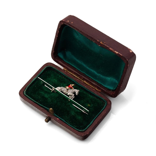 231 - 18ct white gold bar brooch with 18ct gold huntsman with enamelled decoration, set with old cut diamo... 