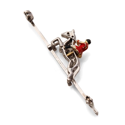 231 - 18ct white gold bar brooch with 18ct gold huntsman with enamelled decoration, set with old cut diamo... 