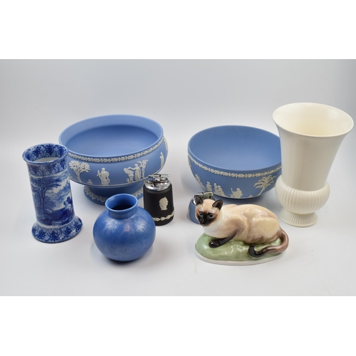 172 - Wedgwood Jasperware to include 2 large bowls, table lighters, Poole vase, Francesca cat and others (... 