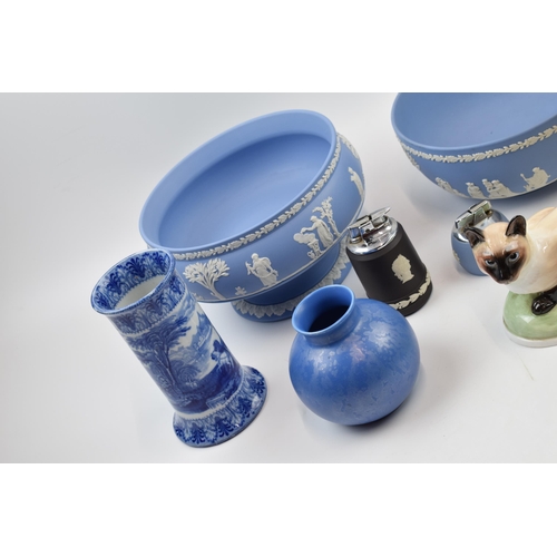 172 - Wedgwood Jasperware to include 2 large bowls, table lighters, Poole vase, Francesca cat and others (... 