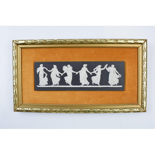 172A - Framed Wedgwood Black Jasperware Dancing Hours plaque with velvet border, pottery 22.5cm wide, frame... 