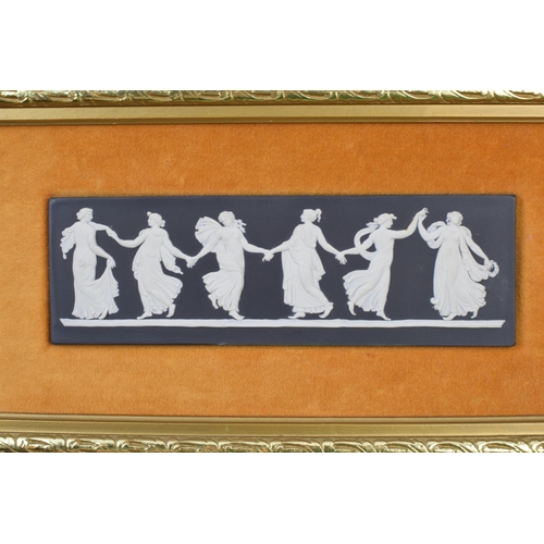 172A - Framed Wedgwood Black Jasperware Dancing Hours plaque with velvet border, pottery 22.5cm wide, frame... 