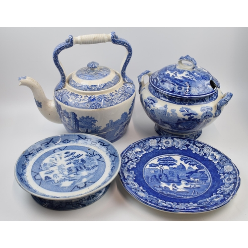 173 - Blue and white pottery to include a large Spode teapot along with 3 other bits.