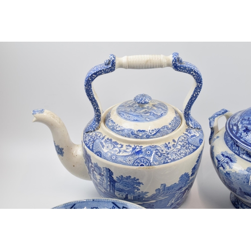 173 - Blue and white pottery to include a large Spode teapot along with 3 other bits.